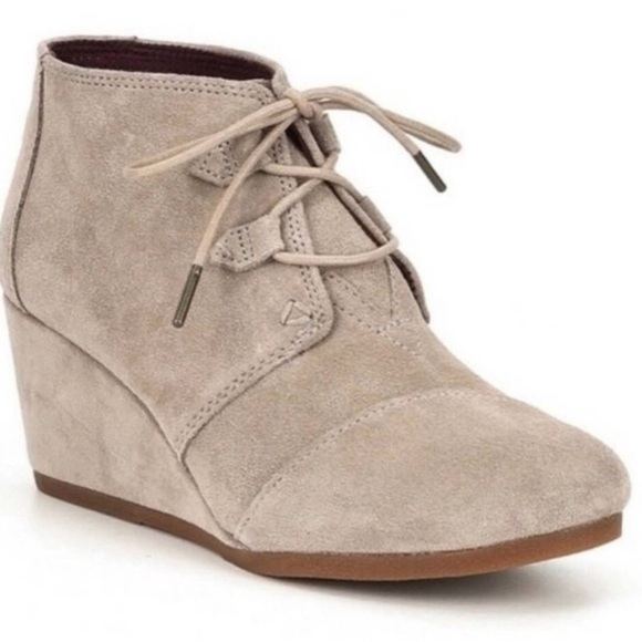 TOMS Desert Wedge Lace Up Bootie Sz 7 Taupe Tan Suede Leather Heeled Ankle Boots - Picture 11 of 11
